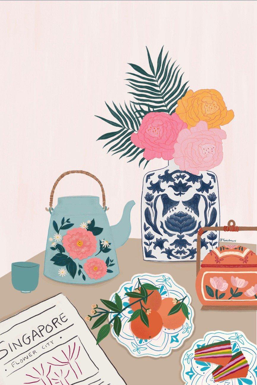 Postcard-Yenidraws-5. My Singapore My Home - Peranakan Tea Time-The Verdant Lab